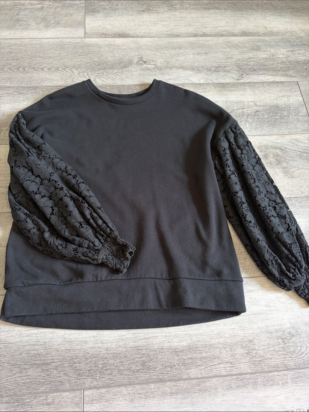 Express Black Crewneck Sweater with Lace Balloon Sleeves